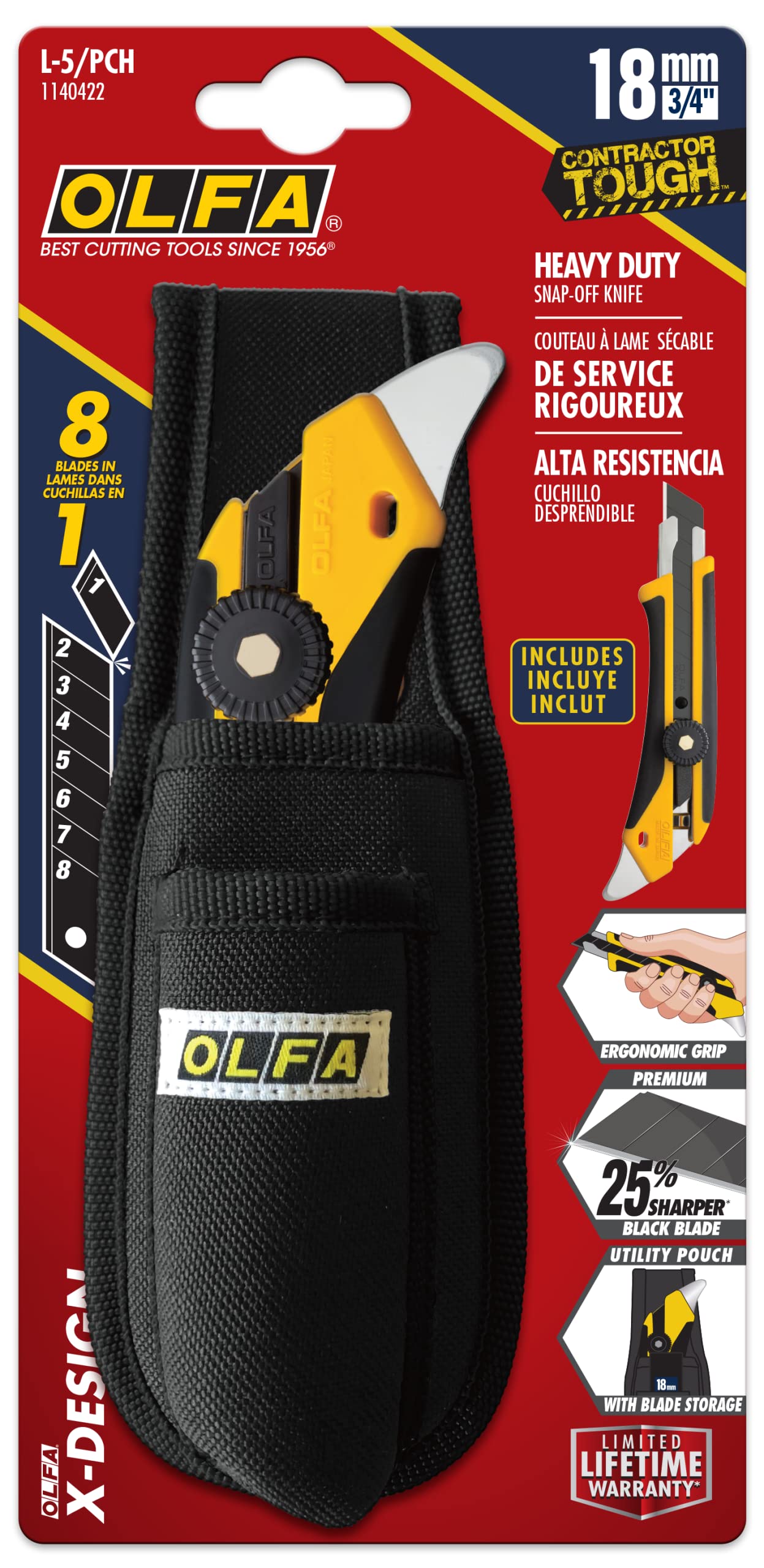 OLFA 18mm Heavy-Duty Utility Knife with Holster Pouch (L-5/PCH) - Reinforced Fiberglass Handle & Snap-Off Blade, Replacement Blades: Any OLFA 18mm Blade