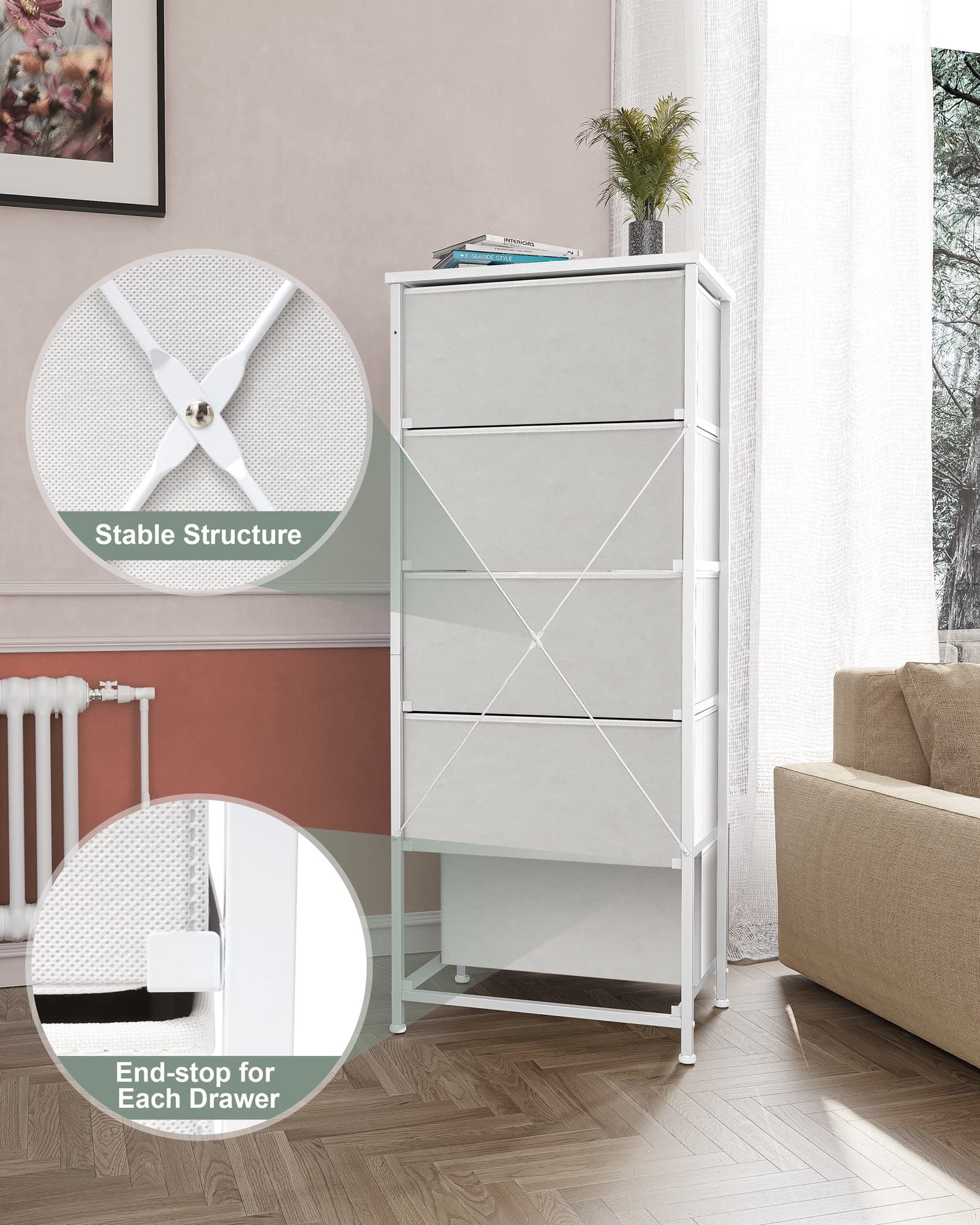 Crestlive Products Tall Dresser Vertical Storage Tower - Sturdy Steel Frame, Wood Top, Easy Pull Fabric Bins - Organizer Unit for Bedroom, Hallway, Entryway, Closets - 5 Drawers(White)