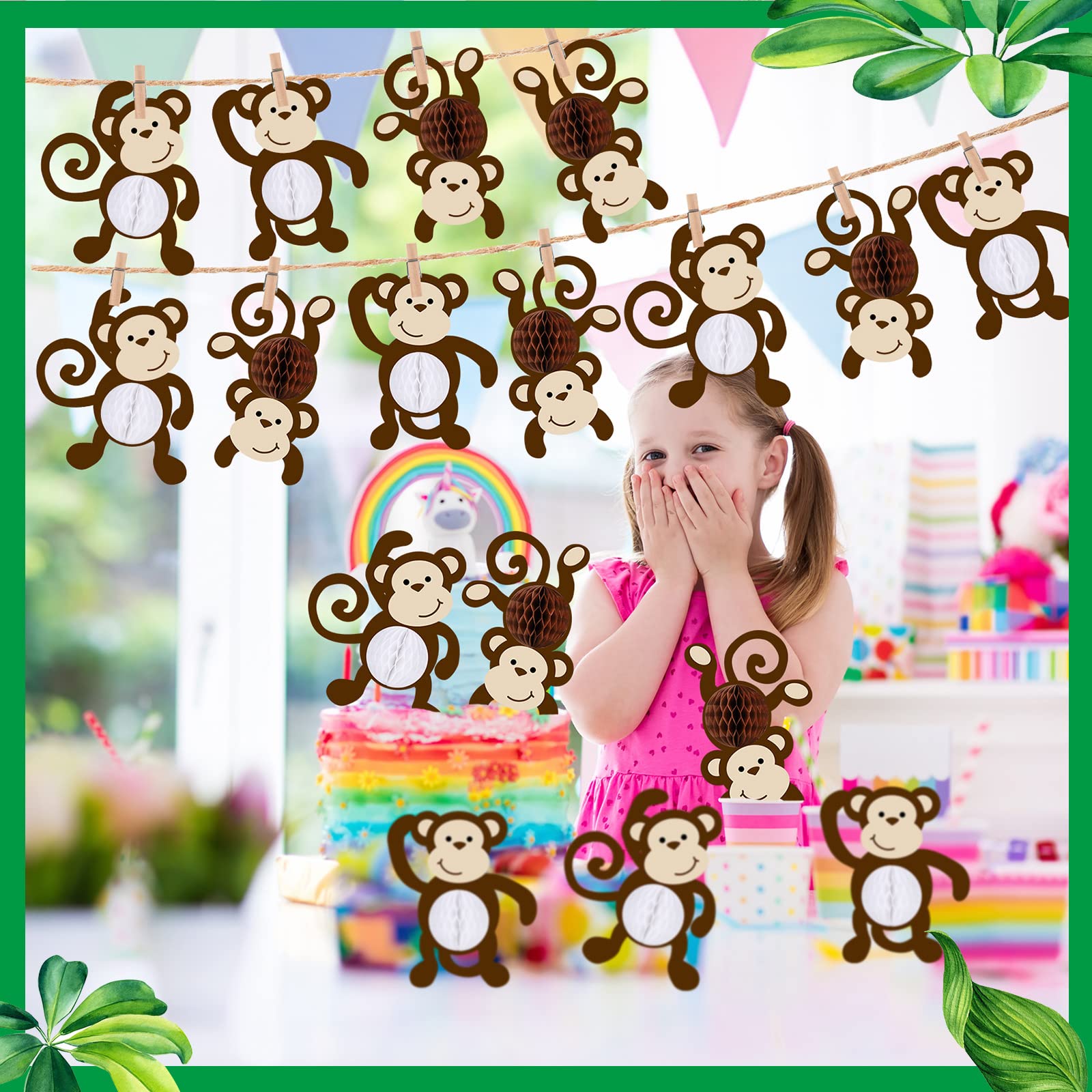 Kanayu 12 Pcs Monkey Cutouts Jungle Party Decorations Honeycomb Monkeys Jungle Themed Party Decorations Monkeys Hanging Banner Decor for Birthday Baby Shower Supplies Room Wall Decor(Cute Monkey)