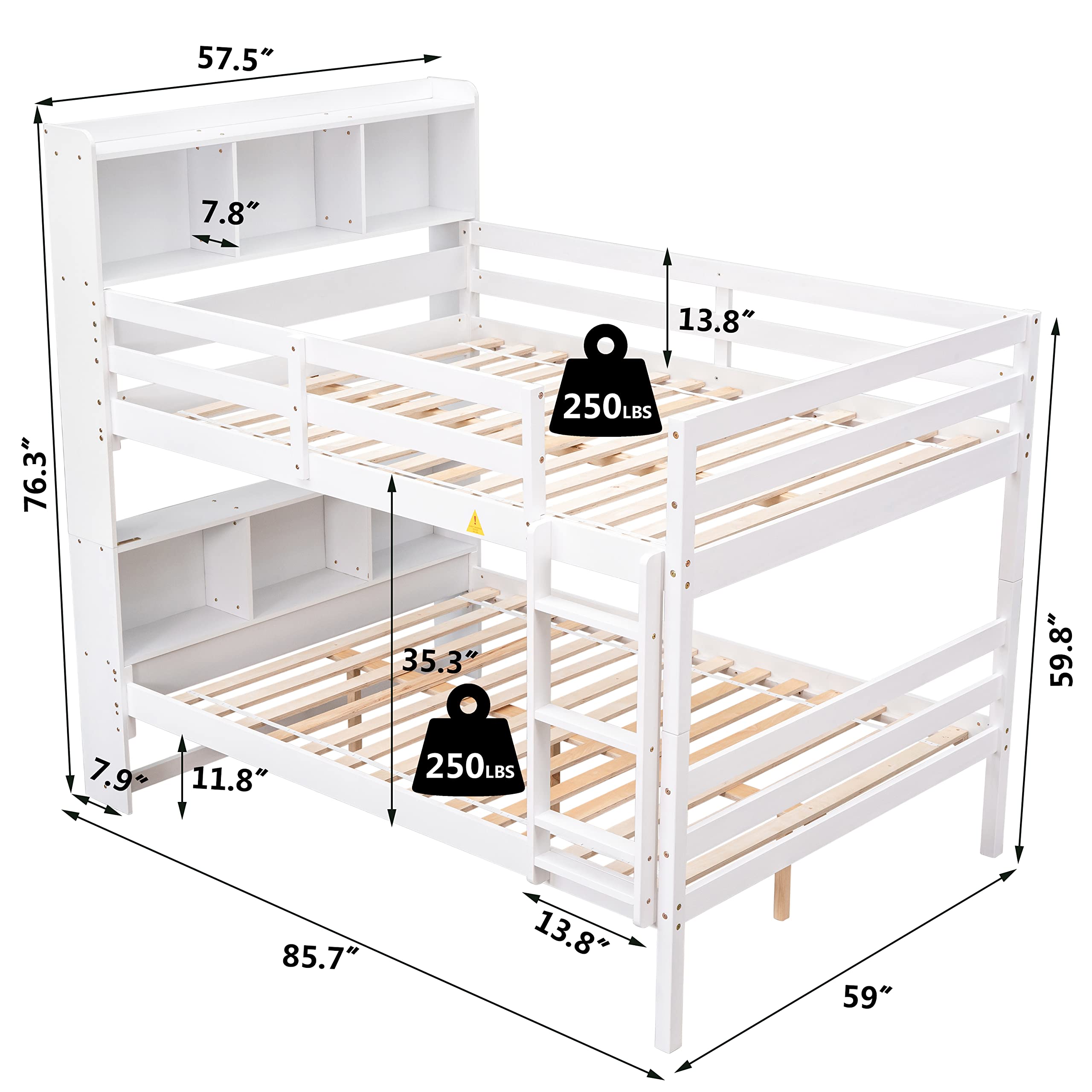 Betoko Solid Wood Bunk Beds Full Over Full with Bookcase Convertible Wooden Full Size Bunk Bed Frame with Storage Headboard for Teens,Kids,Boys,Girls,Adults and Small Spaces (White, Full Over Full)