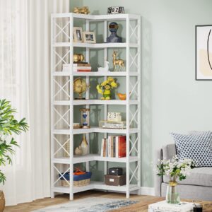 Tribesigns 7-Shelf Corner Bookshelf,Large Modern Corner Bookcase, 7-Tier Tall Corner Shelf Storage Display Rack with Metal Frame for Living Room Home Office (White)