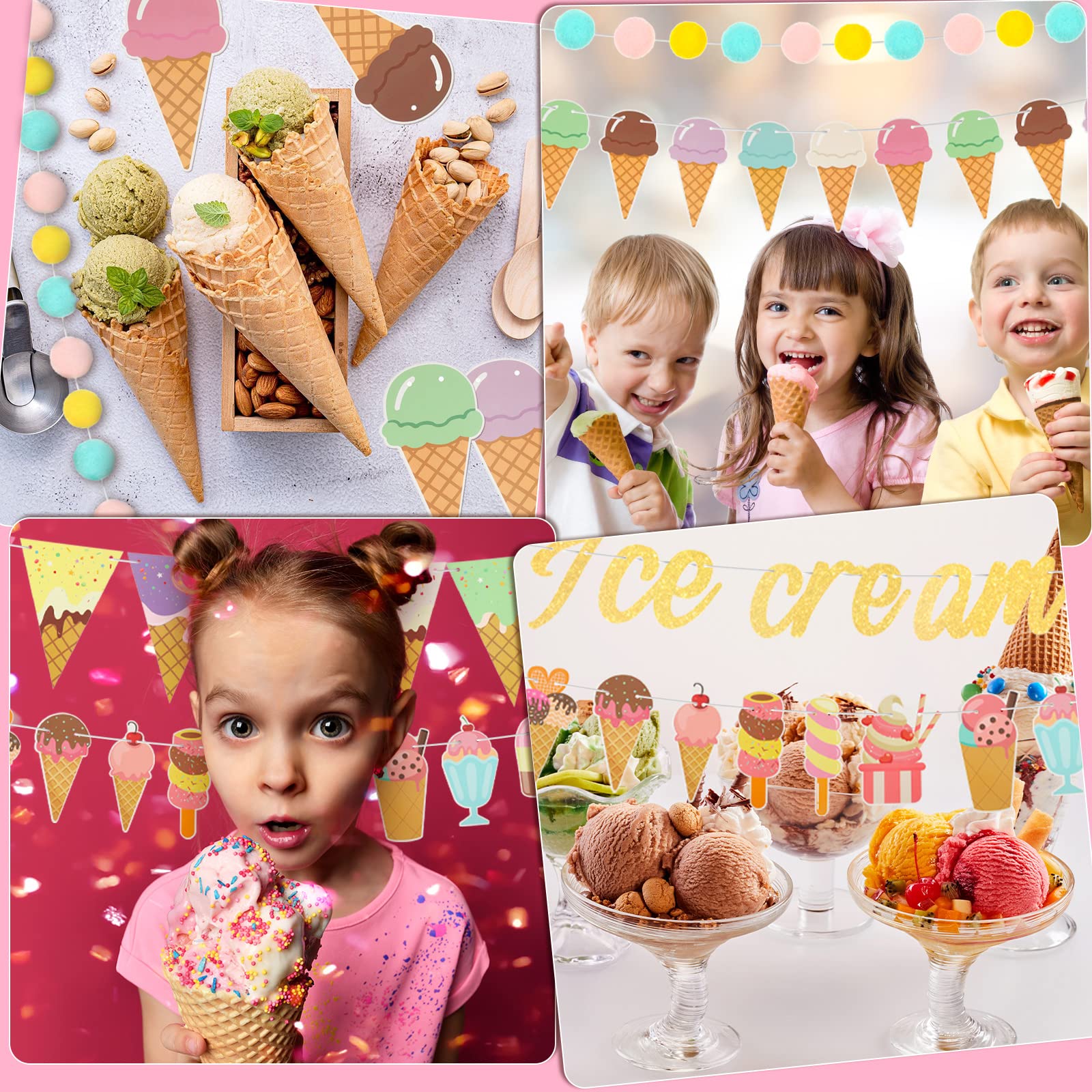 Kisston 5 Pcs Ice Cream Decorations Ice Cream Bar Banner Ice Cream Party Decorations Ice Cream Bar Supplies Garland Ice Cream Sign for Birthday Party, Baby Shower, Summer Holiday, Bachelorette Decor