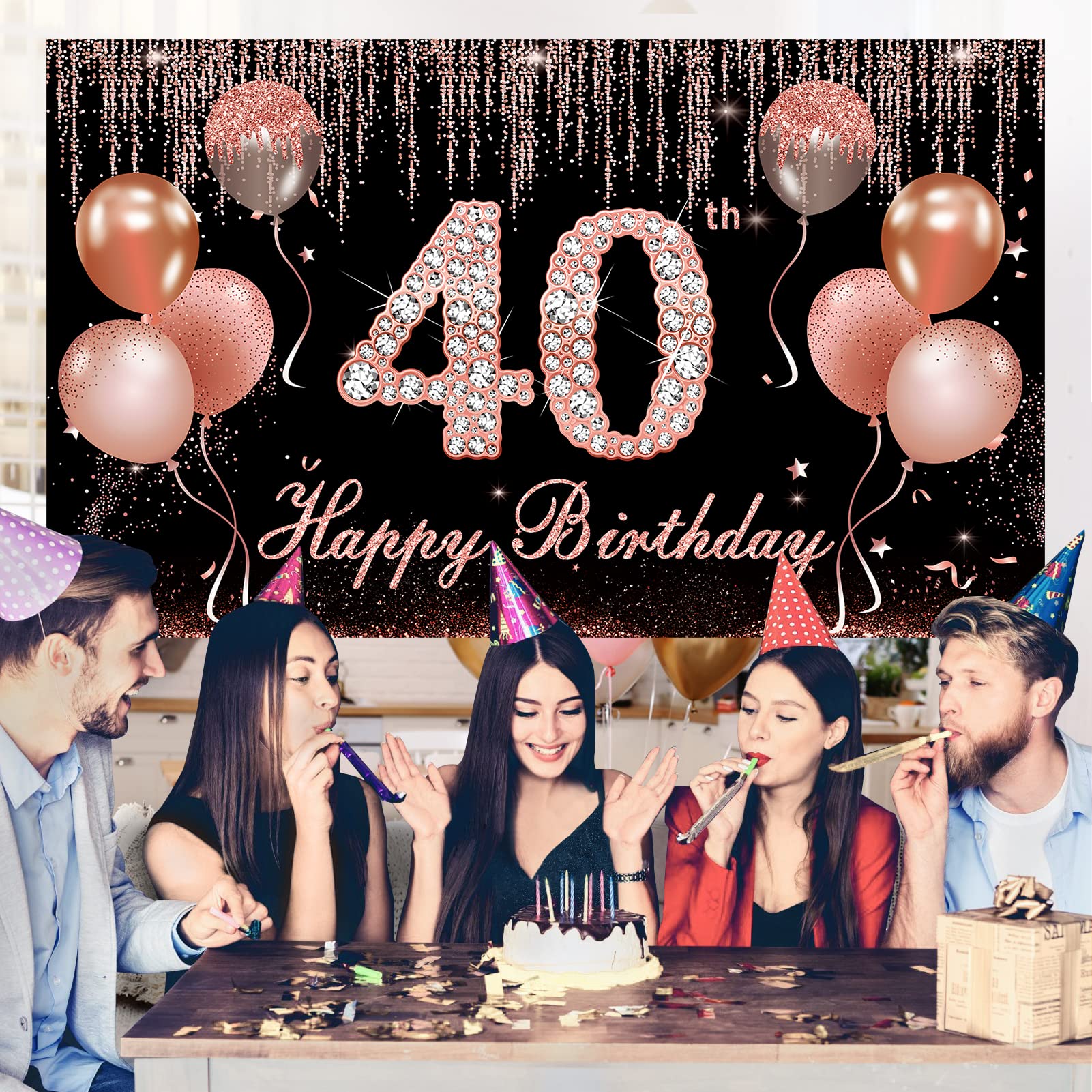 40th Birthday Banner Decorations with Confetti Balloon Arch Garland, Rose Gold and Black Happy 40 Birthday Backdrop Balloon Kit Party Supplies for Women, Forty Year Old Bday Background Sign Decor