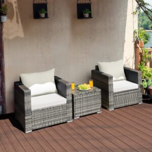 Toolsempire 3 Pieces Patio Furniture Set Outdoor Rattan Wicker Conversation Set with Water-Resistant Cushion & Tempered Glass Tabletop, Outdoor Sectional Furniture for Porch, Balcony, Backyard(Beige)