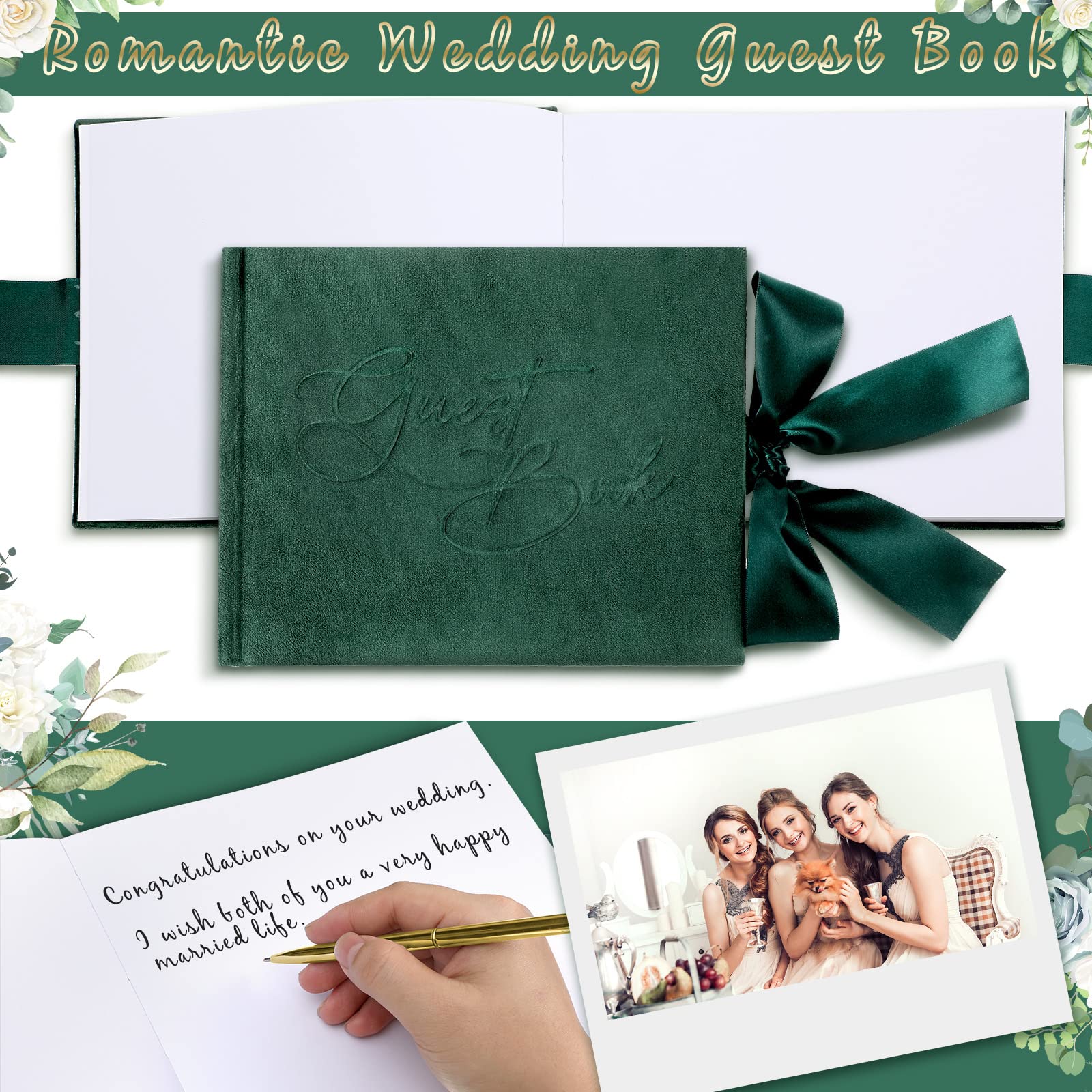 Panelee Wedding Guest Book with Pen Green Velvet Guest Book Wedding Reception 144 Page Sign in Book Wedding Memory Book Elegant Guest Book for Wedding Party Bridal Shower Guest Visitor