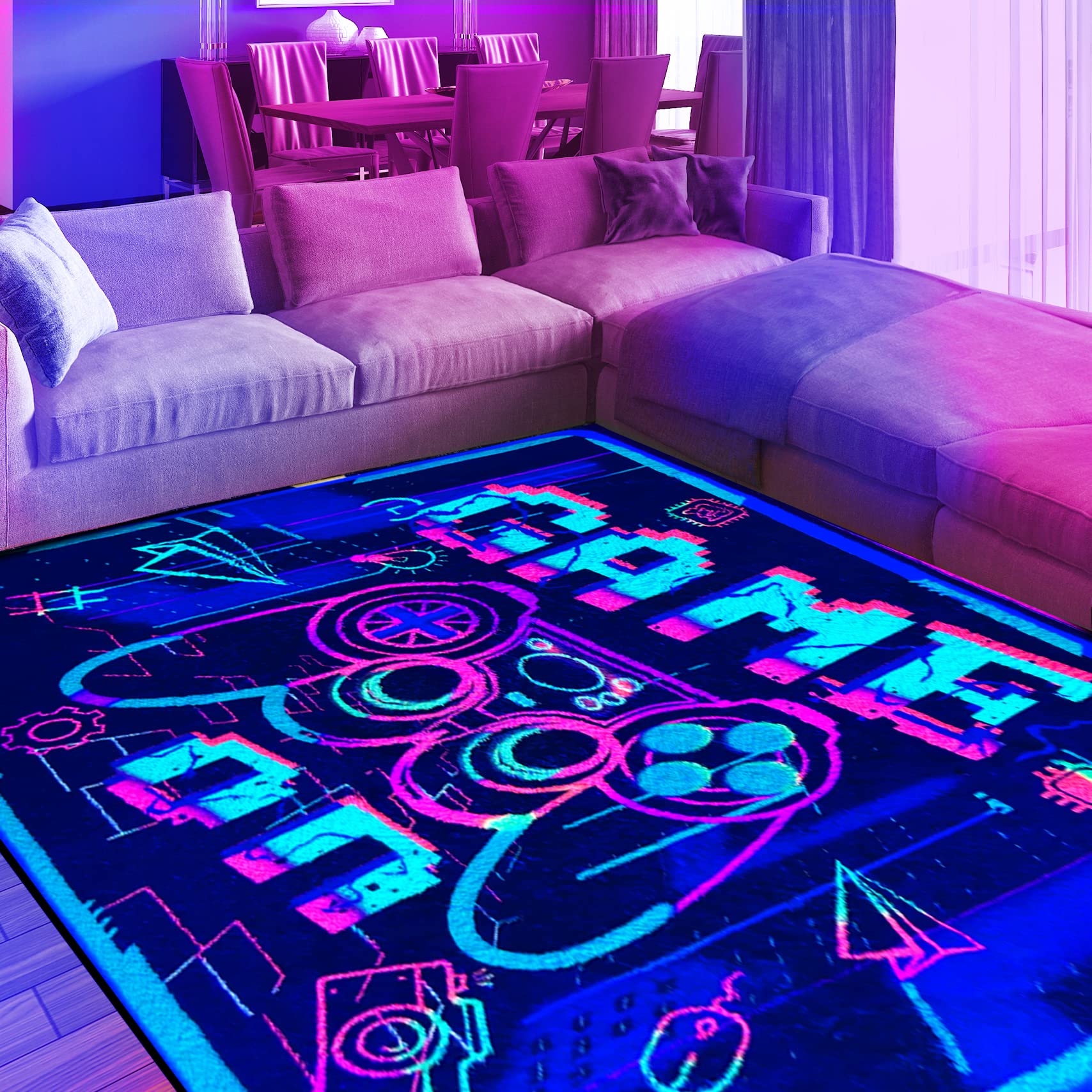 EISKBC Neon Gaming Area Rug, 3D Blacklight Game Controller Carpet, Non-Slip UV Reactive Fluorescent Floor Mat, Glow in The Dark Large Play Mat for Kids Game Room Playroom, 47x70inch