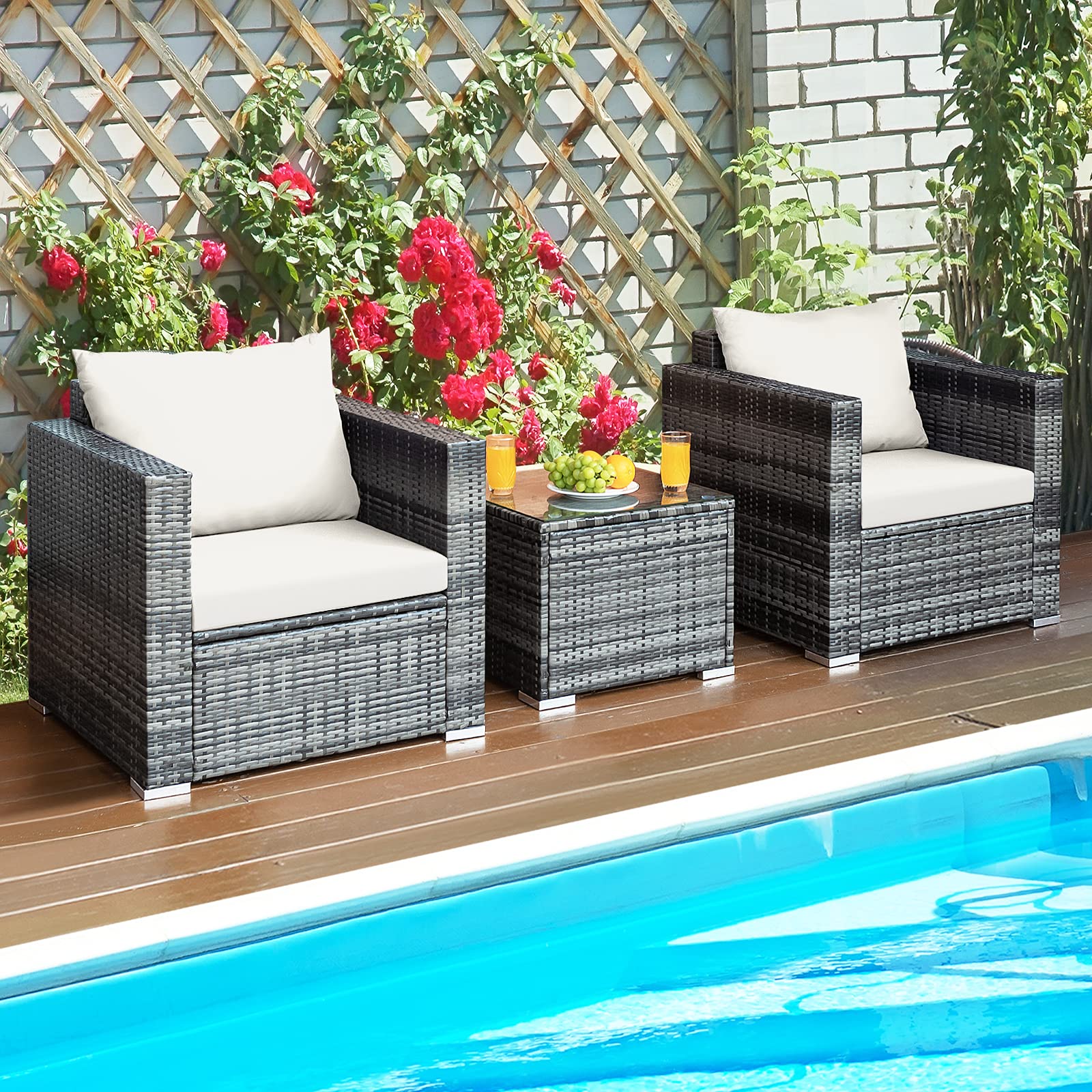 Toolsempire 3 Pieces Patio Furniture Set Outdoor Rattan Wicker Conversation Set with Water-Resistant Cushion & Tempered Glass Tabletop, Outdoor Sectional Furniture for Porch, Balcony, Backyard(Beige)