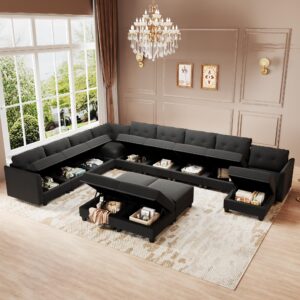 LLappuil Modular Sectional Sofa with Storage Oversized U Shaped Couch with Reversible Chaise Luxury Velvet Sofas for Living Room 10 Seats with 4 Ottomans Denim Black Grey