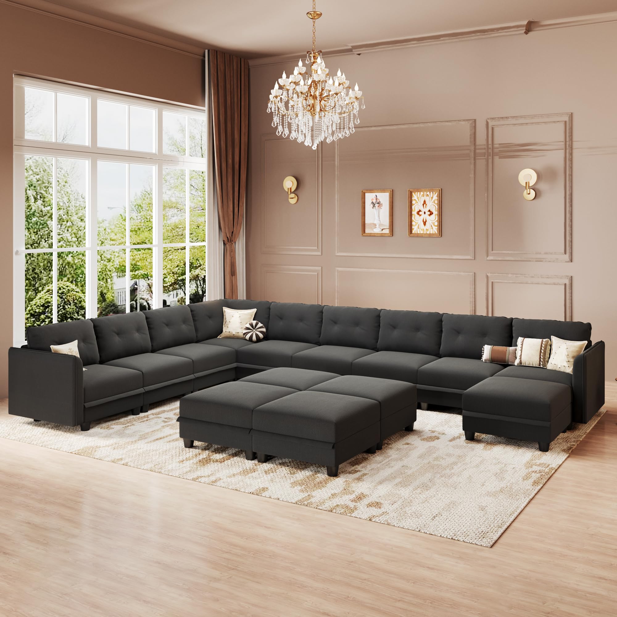 LLappuil Modular Sectional Sofa with Storage Oversized U Shaped Couch with Reversible Chaise Luxury Velvet Sofas for Living Room 10 Seats with 4 Ottomans Denim Black Grey