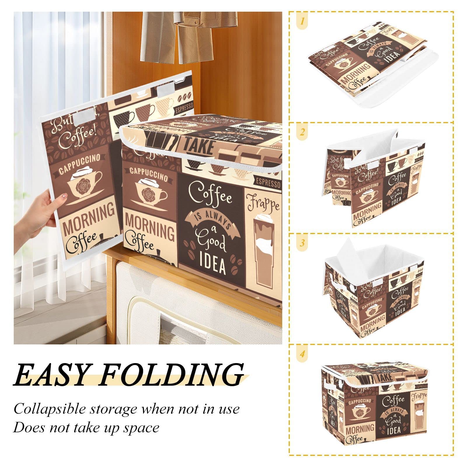 MFTJYO Storage Bin with Lid Coffee Cafe Foldable Storage Box Washable Fabric Storage Cubes Bin Organizer Basket Closet for Home Bedroom Closet Nursery Office