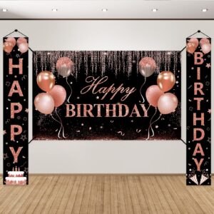 3pcs rose gold birthday banner decorations for women girls, happy birthday door banner backdrop porch sign party supplies for 16th 18th 30th 40th 50th