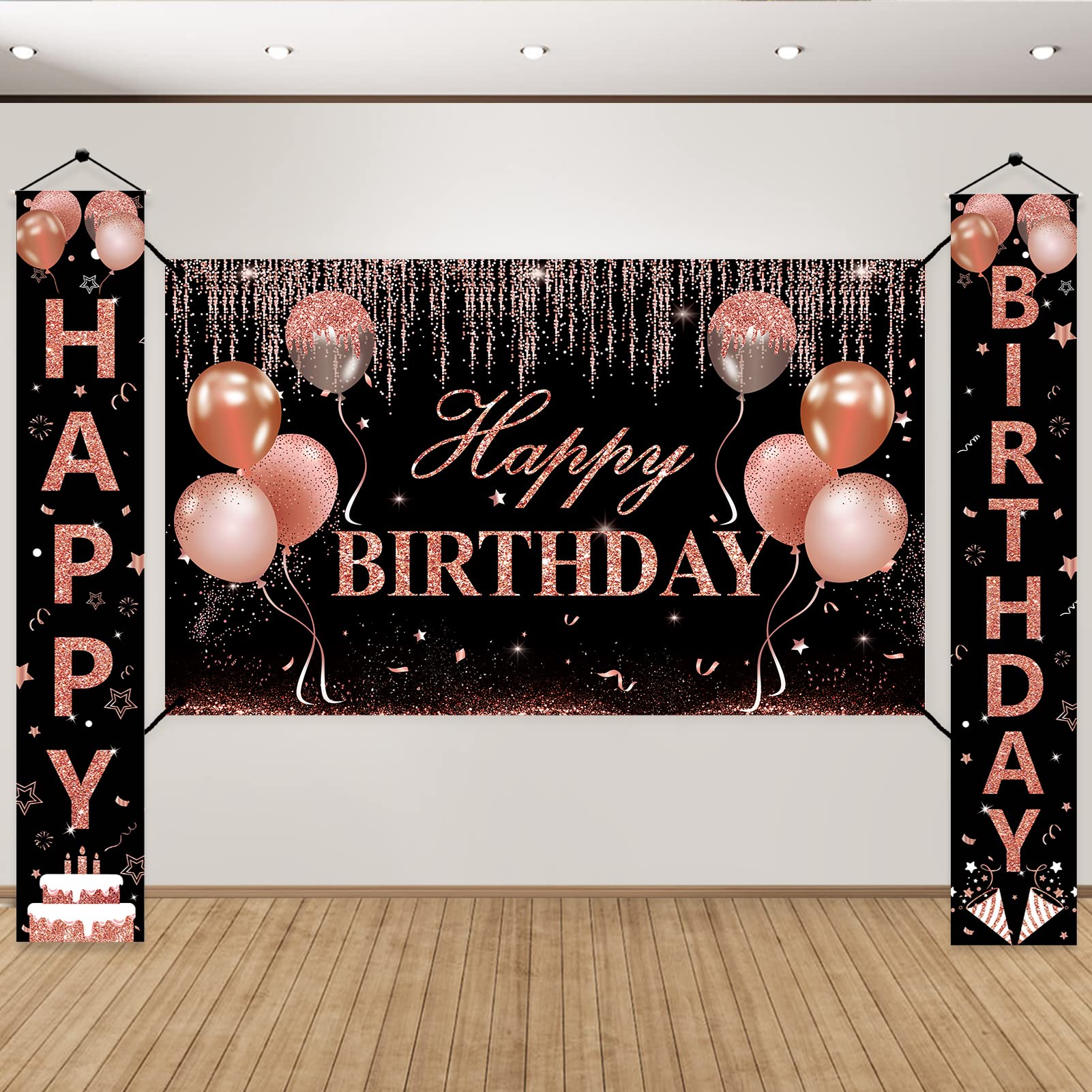 3pcs Rose Gold Birthday Banner Decorations for Women Girls, Happy Birthday Door Banner Backdrop Porch Sign Party Supplies for 16th 18th 30th 40th 50th