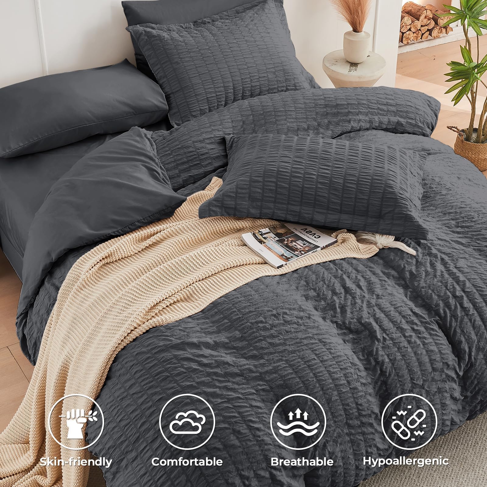 HYMOKEGE Dark Grey Duvet Cover Queen Size, Ultra Soft & Breathable 3PC Seersucker Duvet Cover Set with Zipper Closure & Corner Ties–Includes 1 Duvet Cover (90"x90") & 2 Pillowcases