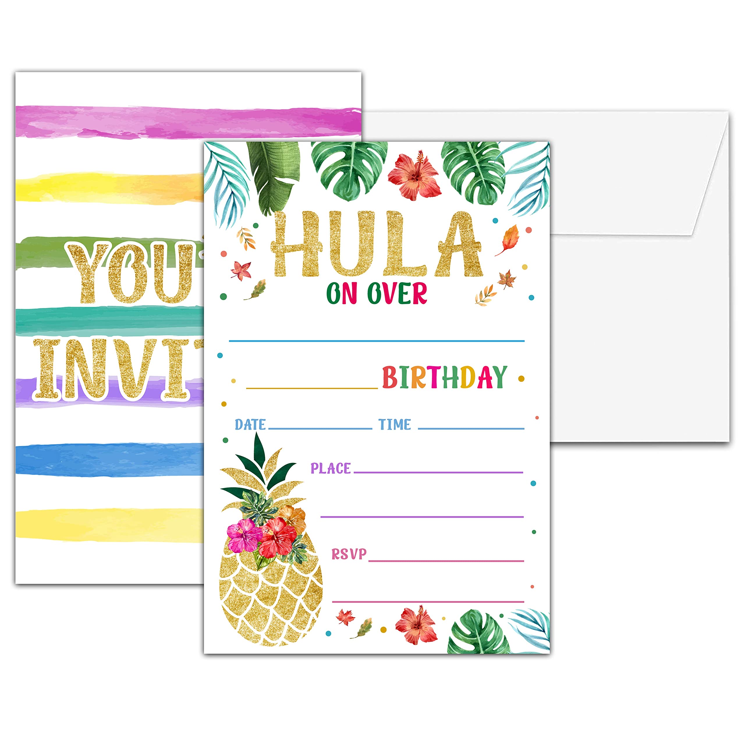 Aloha Birthday Party Invitations, Summer Birthday Invitation, Double-Sided Hawaiian Pineapple Themed Fill In Invites, Kids Tropical Luau Birthday Party Decorations, 20 Cards With 20 Envelopes(C01)