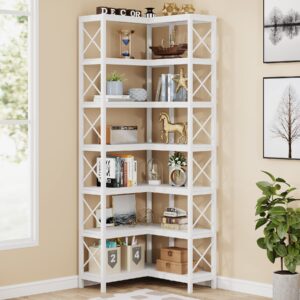 tribesigns 7-shelf corner bookshelf,large modern corner bookcase, 7-tier tall corner shelf storage display rack with metal frame for living room home office (white)