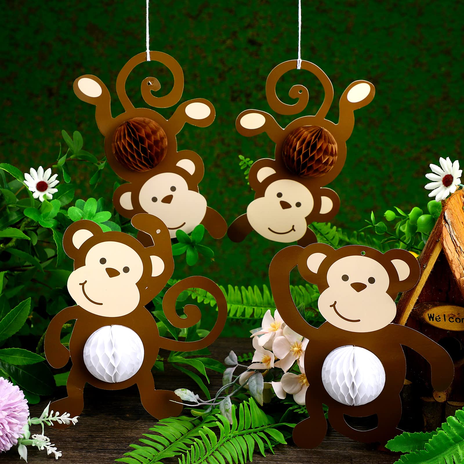 Kanayu 12 Pcs Monkey Cutouts Jungle Party Decorations Honeycomb Monkeys Jungle Themed Party Decorations Monkeys Hanging Banner Decor for Birthday Baby Shower Supplies Room Wall Decor(Cute Monkey)