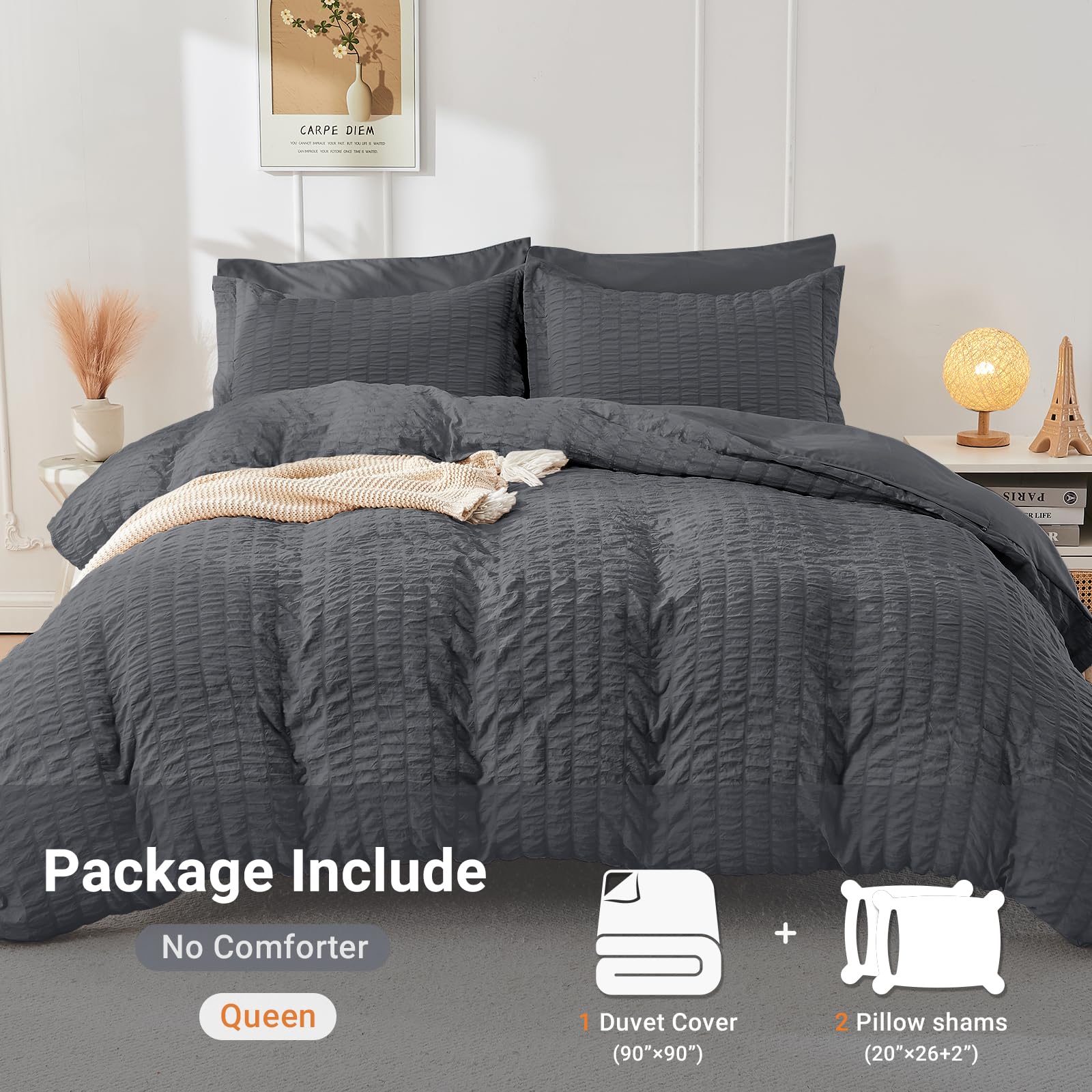 HYMOKEGE Dark Grey Duvet Cover Queen Size, Ultra Soft & Breathable 3PC Seersucker Duvet Cover Set with Zipper Closure & Corner Ties–Includes 1 Duvet Cover (90"x90") & 2 Pillowcases