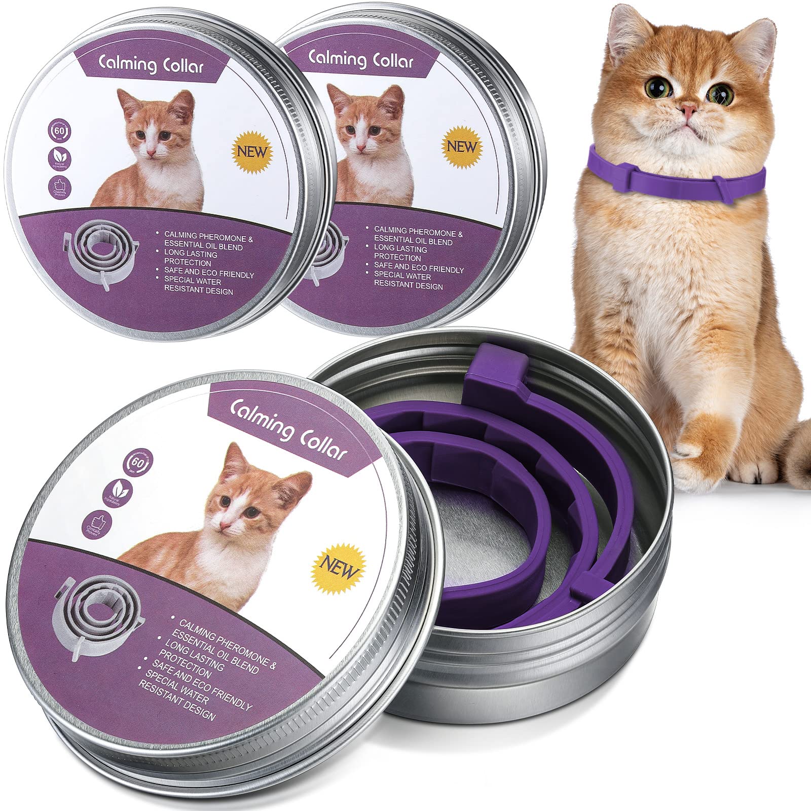 Qualirey 3 Pcs Cat Adjustable Calming Collar, Reduce Anxiety Cat Collars for Pets, Calm Collar Pacify Kitten, Suitable for Small, Medium and Large Cats, 15 Inches (Purple)