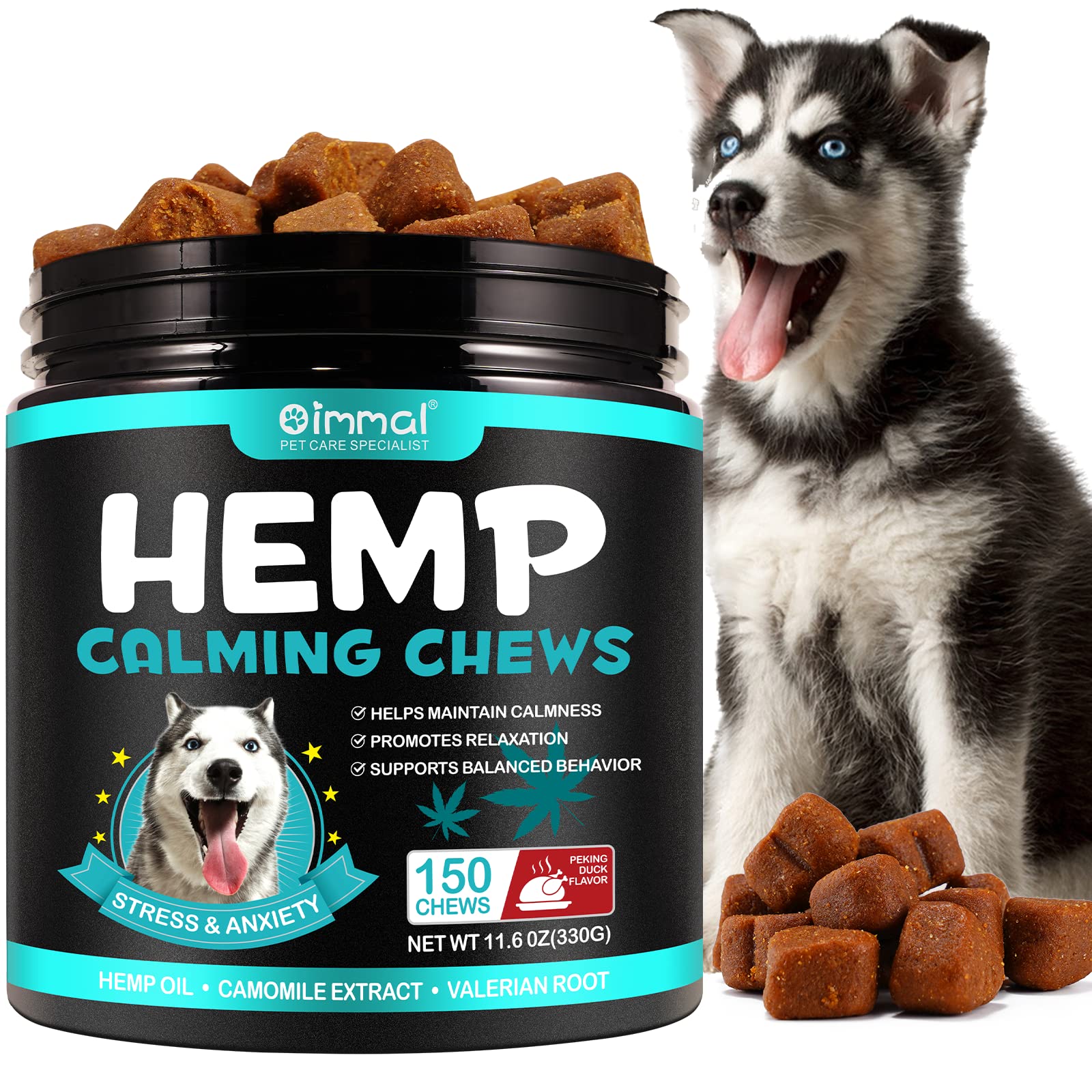 Oimmal Hemp Calming Chews for Dogs, Dog Anxiety Relief Calming Treats, Dog Calming Treats for Separation, Barking, Stress Relief, Thunderstorms, Calming Dog Treats Calming Aid (Duck 150chews)