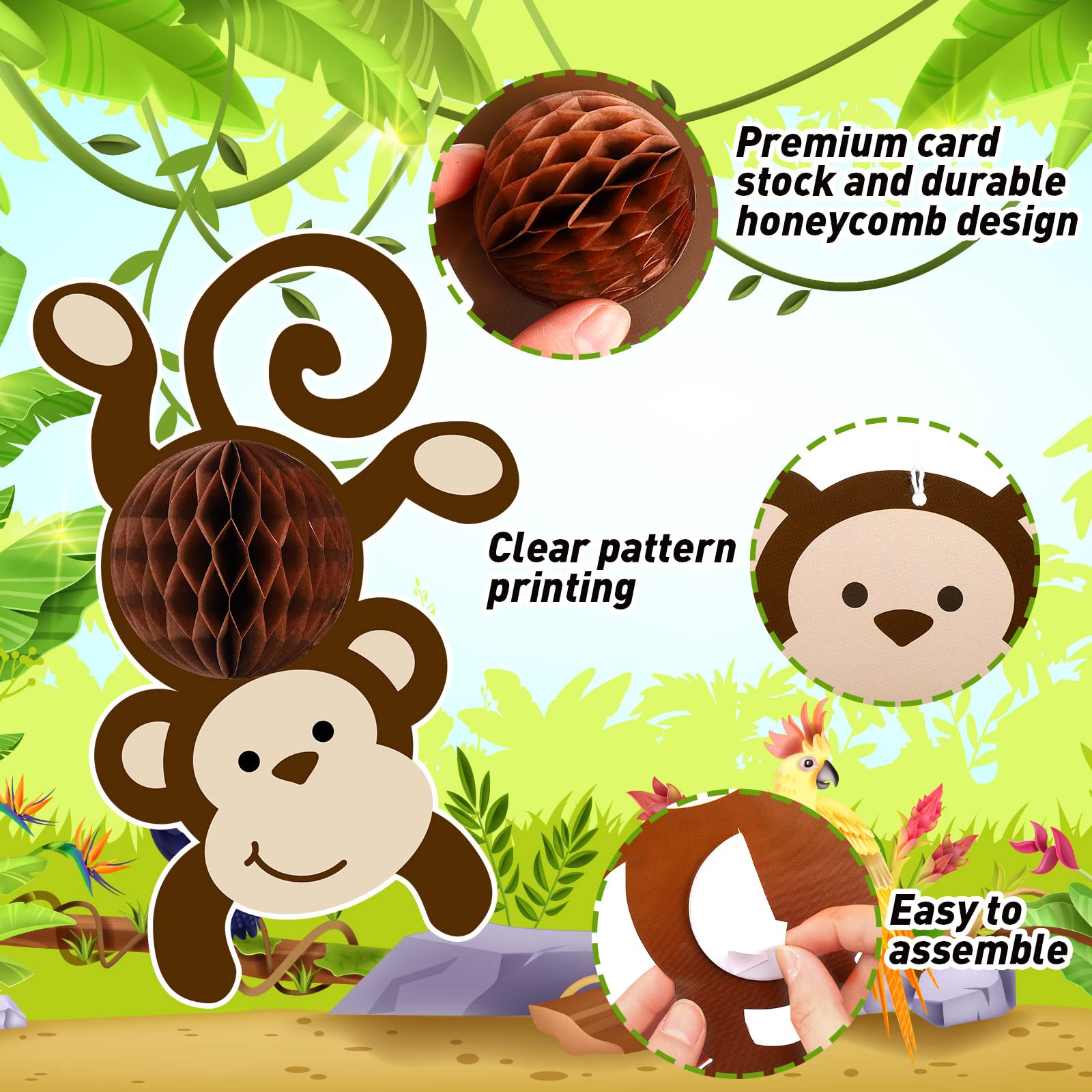 Kanayu 12 Pcs Monkey Cutouts Jungle Party Decorations Honeycomb Monkeys Jungle Themed Party Decorations Monkeys Hanging Banner Decor for Birthday Baby Shower Supplies Room Wall Decor(Cute Monkey)