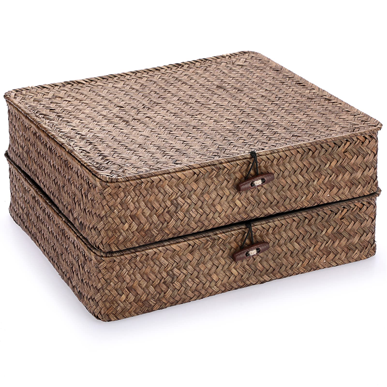 Hipiwe Woven Wicker Basket Bins with Lid - Set of 2 FLat Seagrass Storage Baskets Boxes Rectangular Shelf Baskets Home Organizer Bin for Shelf Organizing (Large Size, Coffee)