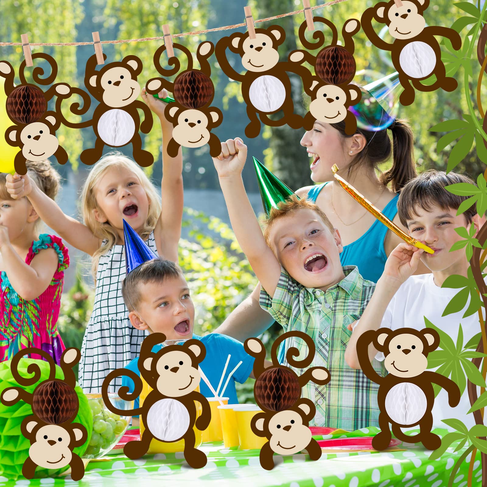 Kanayu 12 Pcs Monkey Cutouts Jungle Party Decorations Honeycomb Monkeys Jungle Themed Party Decorations Monkeys Hanging Banner Decor for Birthday Baby Shower Supplies Room Wall Decor(Cute Monkey)