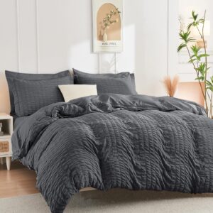 HYMOKEGE Dark Grey Duvet Cover Queen Size, Ultra Soft & Breathable 3PC Seersucker Duvet Cover Set with Zipper Closure & Corner Ties–Includes 1 Duvet Cover (90"x90") & 2 Pillowcases