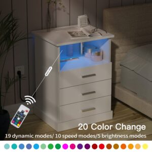 Halitaa Nightstand with Charging Station, LED Lights Side Table with 3 Drawers, End Table for Bedroom Office White