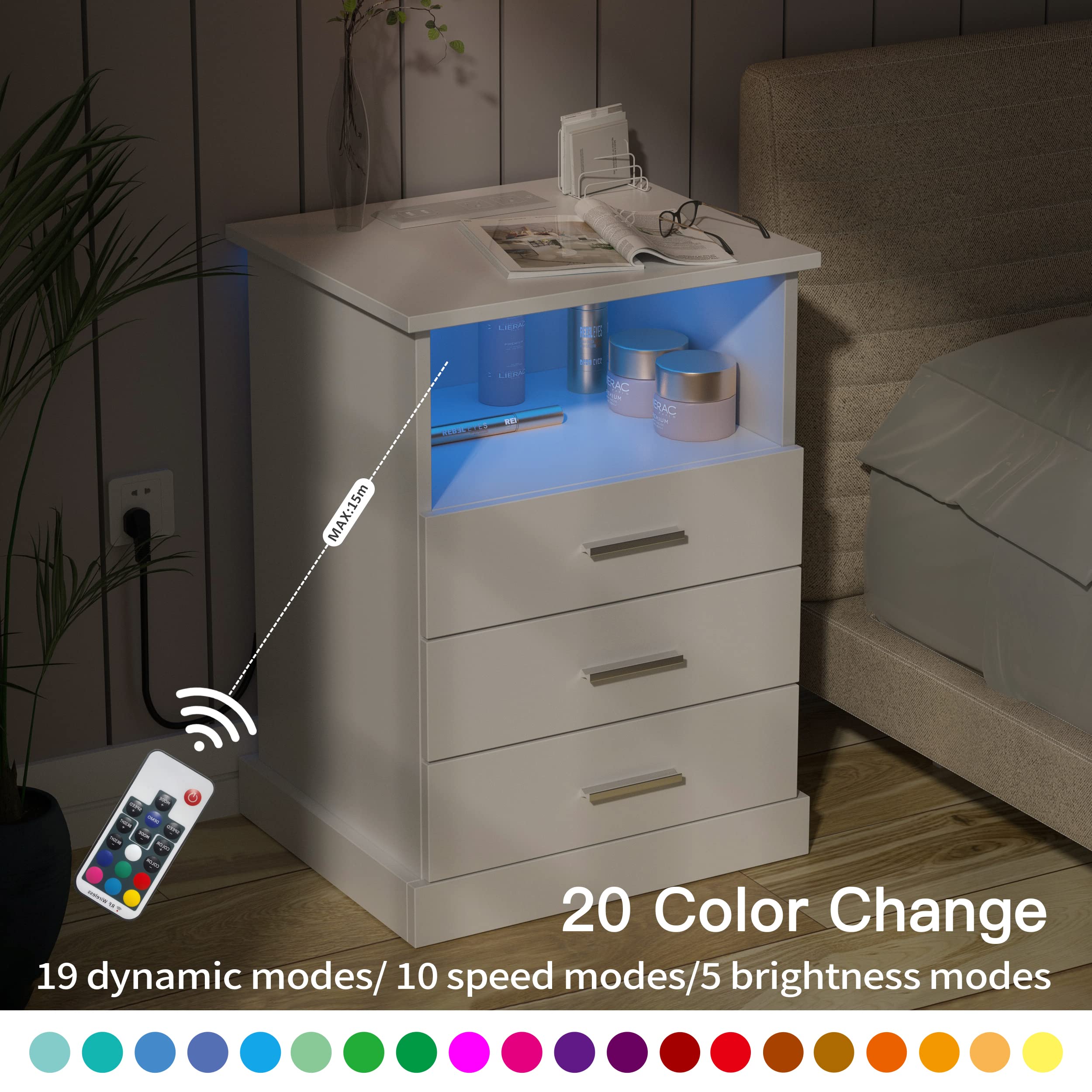 Halitaa Nightstand with Charging Station, LED Lights Side Table with 3 Drawers, End Table for Bedroom Office White