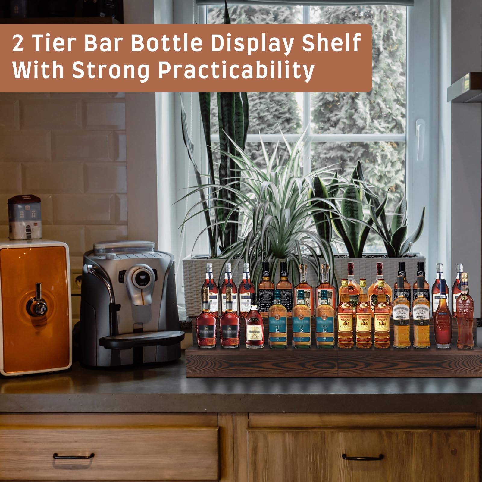 TIRYIUOU Bottle Display Shelf 2 Pack, Wood Bar Bottle Shelves,Tabletop Wine Rack,Tiered Bottle Stand, Bar Shelf Stand for Liquor, Liquor Bottle Display Shelf, Bar Display, Home Storage