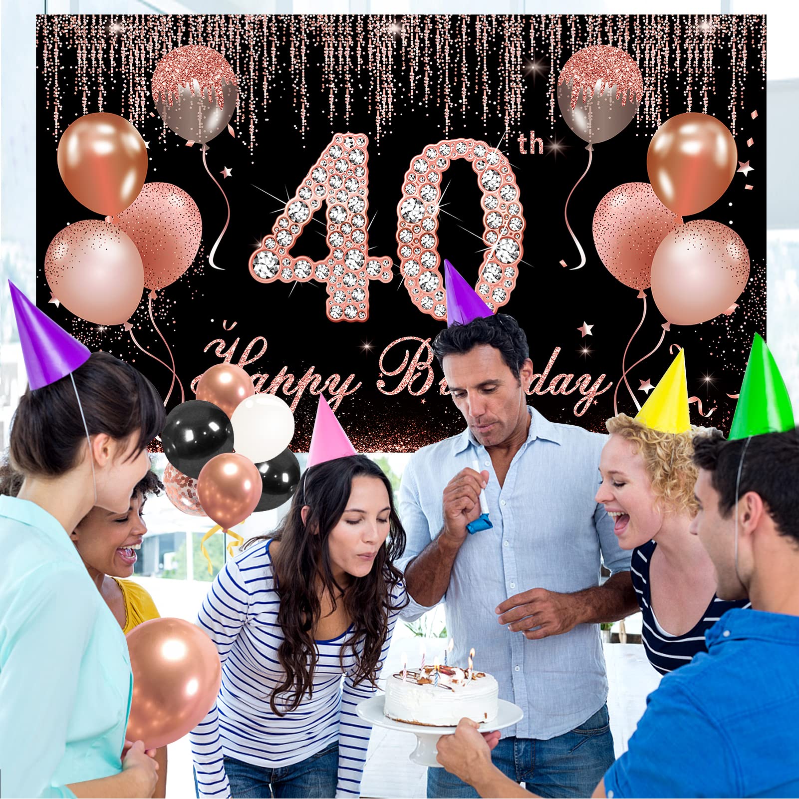 40th Birthday Banner Decorations with Confetti Balloon Arch Garland, Rose Gold and Black Happy 40 Birthday Backdrop Balloon Kit Party Supplies for Women, Forty Year Old Bday Background Sign Decor