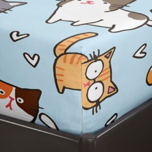 BailiPromise Cartoon Cat Bed Sheet Girls Boys Little Kitten Bedding Set for Teens Children Cute Cat Fitted Sheet Flat Sheet Kawaii Animal Bed Cover 4Pcs Queen Size