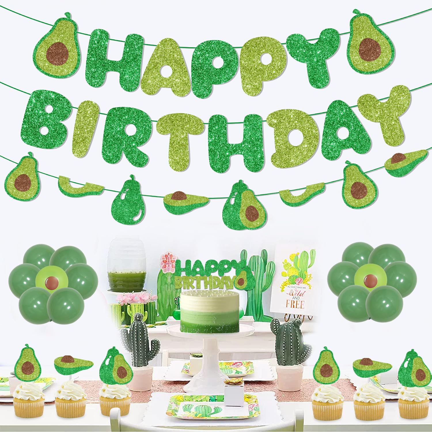 Avocado Themed Birthday Party Decorations Supplies with Glitter Avocado Birthday Garland Banner Cake Topper Let's Avocado Set for Avocado Baby Shower Birthday Party Supplies