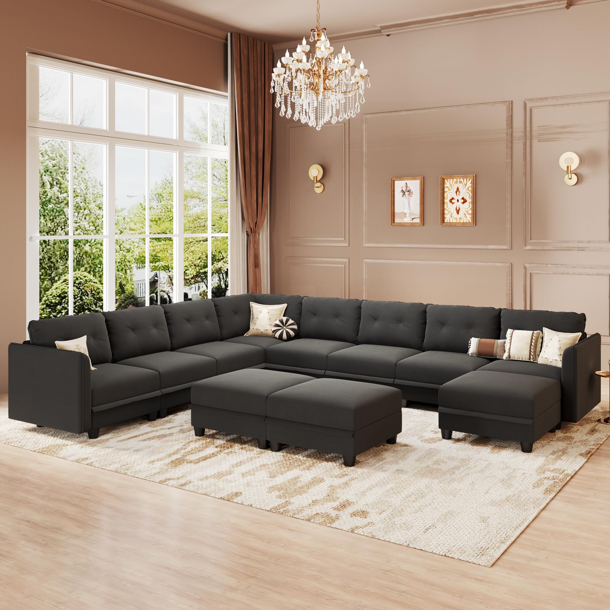 LLappuil Modular Sectional Sofa with Storage Oversized U Shaped Couch with Reversible Chaise Velvet Waterproof Anti-Scratch Sofas for Living Room 10 Seats with Ottoman Grey Brown