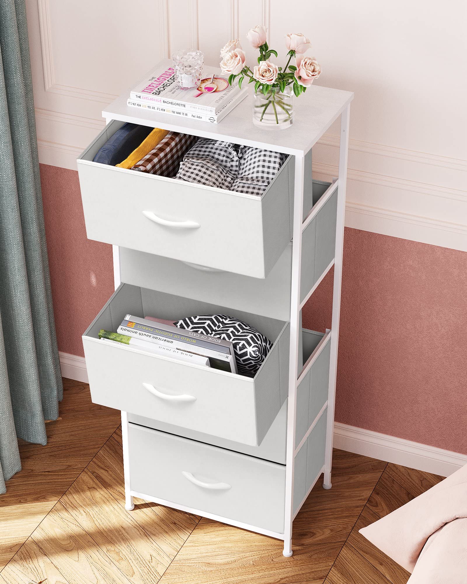 Crestlive Products Tall Dresser Vertical Storage Tower - Sturdy Steel Frame, Wood Top, Easy Pull Fabric Bins - Organizer Unit for Bedroom, Hallway, Entryway, Closets - 5 Drawers(White)