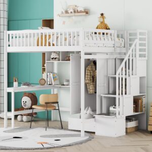 harper & bright designs full loft bed with stairs and wardrobe, wooden full size loft bed with desk underneath, loft bed with storage staircase and shelves for girls boys teens,white