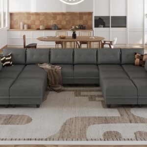 LLappuil Modular Sectional Sofa with Storage, Oversized Couch 14 Seater U Shaped Sofa with Chaise, Faux Leather Fabric Large Sectional Couch with Ottoman, Dark Grey