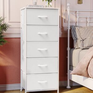 Crestlive Products Tall Dresser Vertical Storage Tower - Sturdy Steel Frame, Wood Top, Easy Pull Fabric Bins - Organizer Unit for Bedroom, Hallway, Entryway, Closets - 5 Drawers(White)