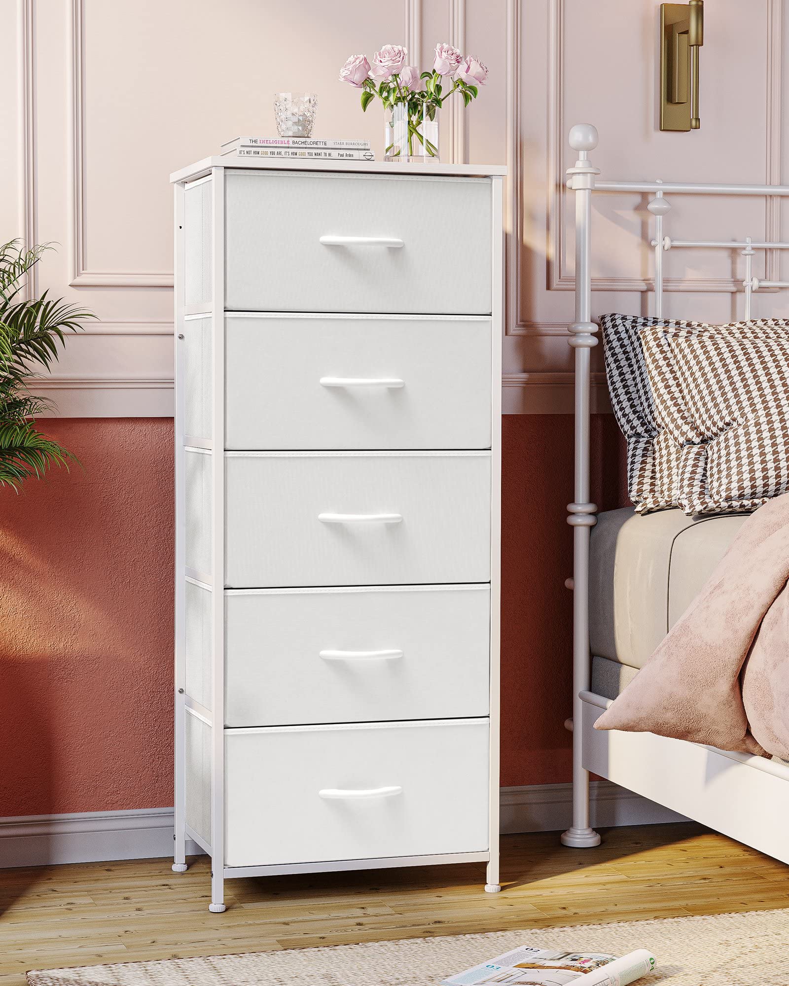 Crestlive Products Tall Dresser Vertical Storage Tower - Sturdy Steel Frame, Wood Top, Easy Pull Fabric Bins - Organizer Unit for Bedroom, Hallway, Entryway, Closets - 5 Drawers(White)