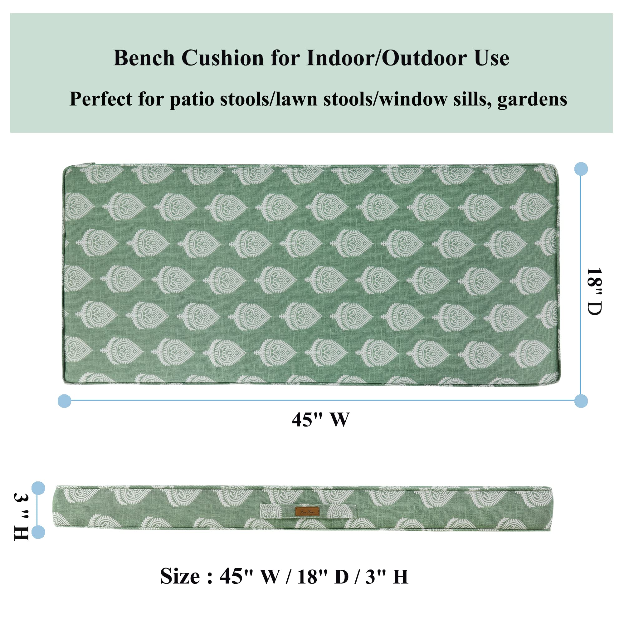 FUNHOME Outdoor Bench Cushion Water-Resistant, 45 x 18 Inch Bench Cushions for Outdoor Furniture, Settee Cushions with Handle and Straps, Patio Couch Cushion 1 Pack, Fair Green