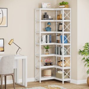 Tribesigns 7-Shelf Corner Bookshelf,Large Modern Corner Bookcase, 7-Tier Tall Corner Shelf Storage Display Rack with Metal Frame for Living Room Home Office (White)