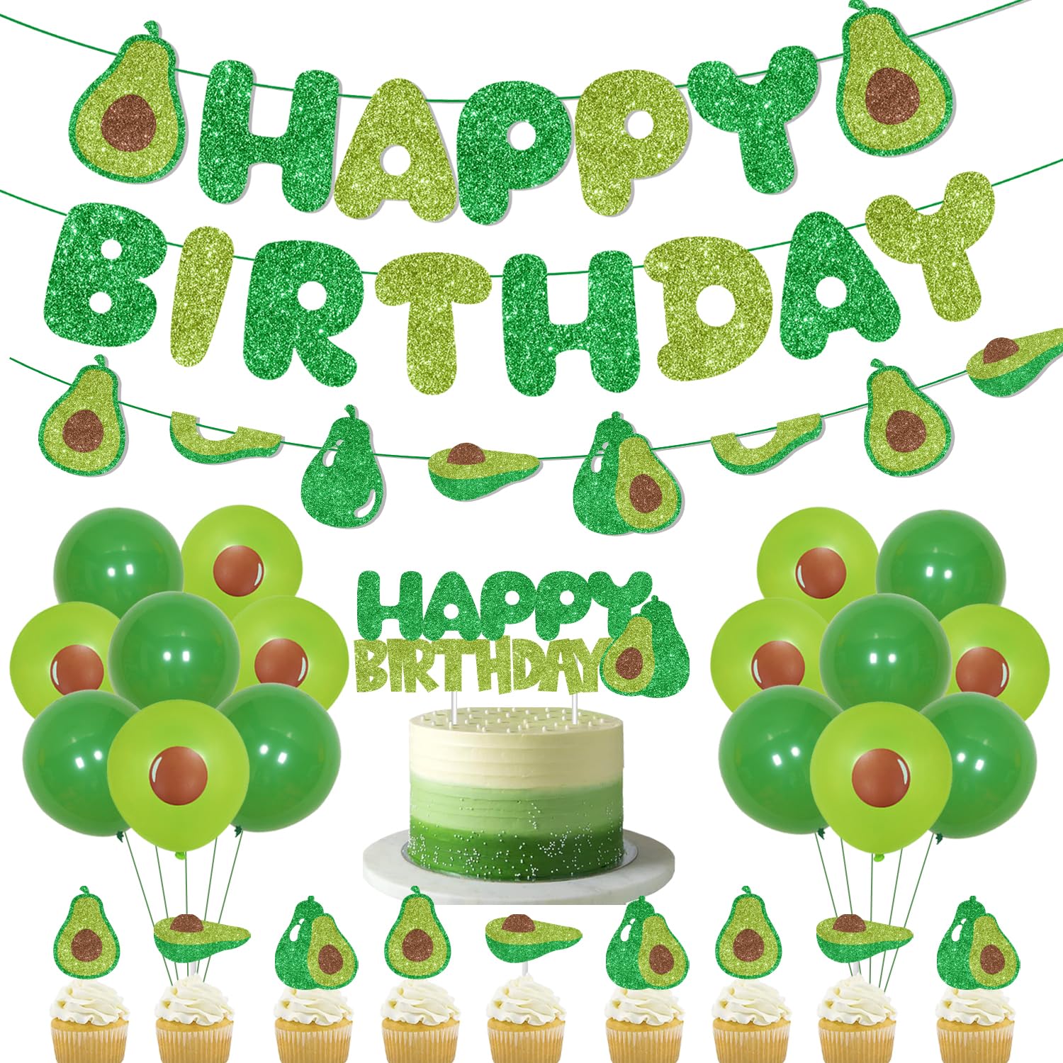 Avocado Themed Birthday Party Decorations Supplies with Glitter Avocado Birthday Garland Banner Cake Topper Let's Avocado Set for Avocado Baby Shower Birthday Party Supplies