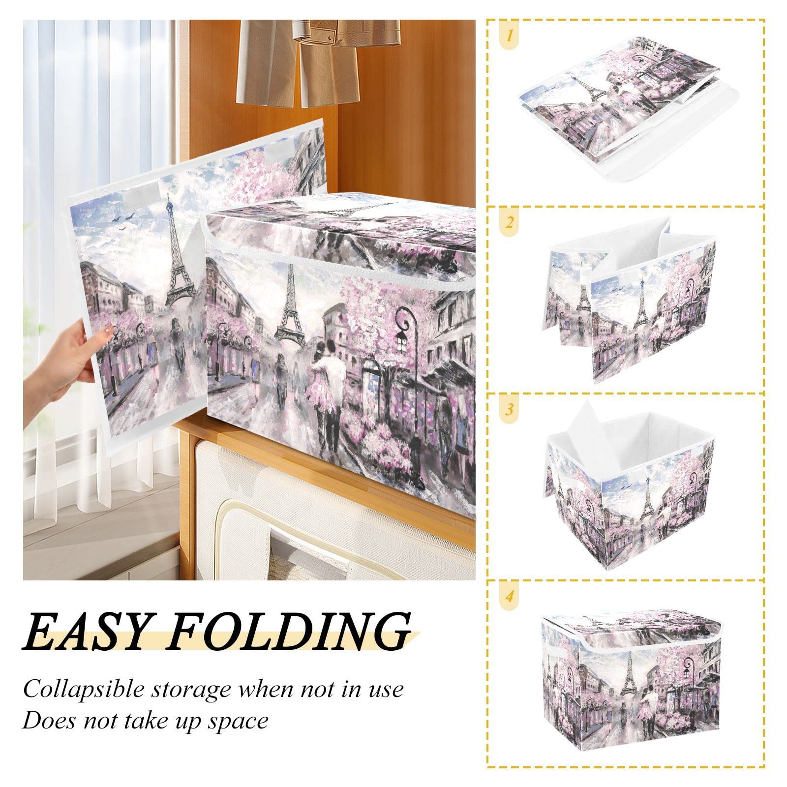 MFTJYO Storage Bin with Lid Romantic Couple Paris Street Scene Foldable Storage Box Washable Fabric Storage Cubes Bin Organizer Basket Closet for Home Bedroom Closet Nursery Office