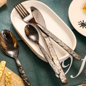 CAOPAOTI Silverware Set Black, Flatware Set for 8, 40 Pieces Knife Fork Spoon Set, Stainless Steel Cutlery Serving Utensils Set, Unique Design of Stone Pattern, Disherwash Safe