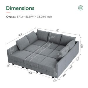 HONBAY Modular Sectional Sleeper Sofa with Storage Reversible Modular Sofa Couch Oversized Sleeper Sectional Sofa Modular Couch Bluish Grey