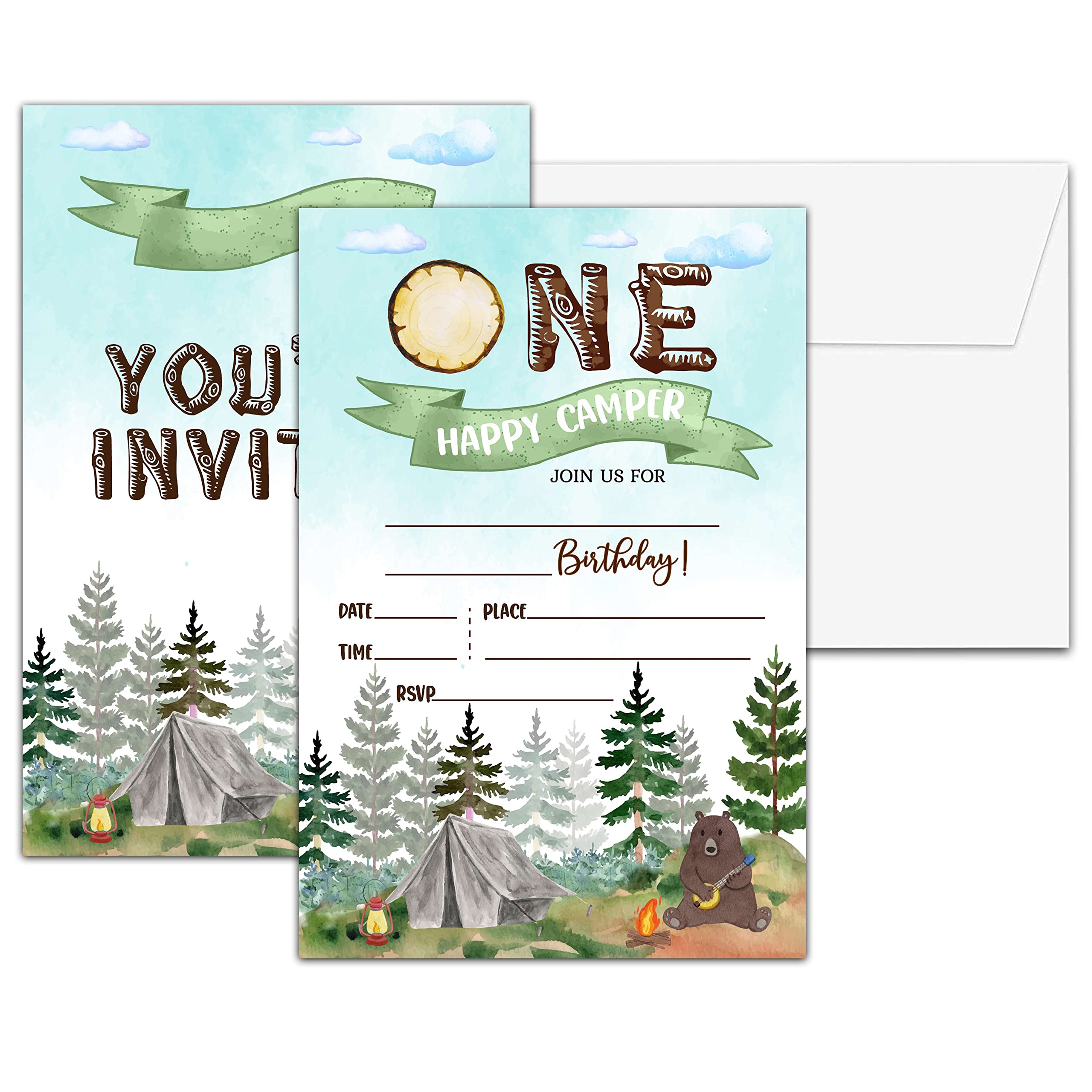 Chuxvon 1st Birthday Party Invitations, Happy Camper Birthday Invitation, Double-Sided Camp Themed Fill In Invites, Kids Camping Birthday Party Decorations, 20 Cards With 20 Envelopes(C08)