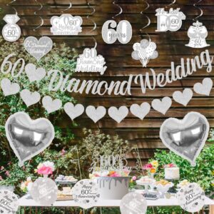 Fangleland 60th Diamond Wedding Anniversary Decorations, Glitter Banner, Cake Topper, Hanging Swirl, Silver Heart-shaped Love Foil Balloons, Party Festival Celebration Supplies Sets