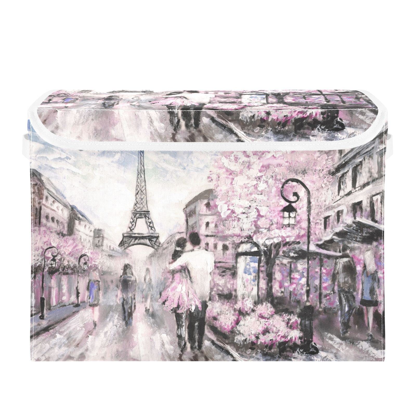 MFTJYO Storage Bin with Lid Romantic Couple Paris Street Scene Foldable Storage Box Washable Fabric Storage Cubes Bin Organizer Basket Closet for Home Bedroom Closet Nursery Office