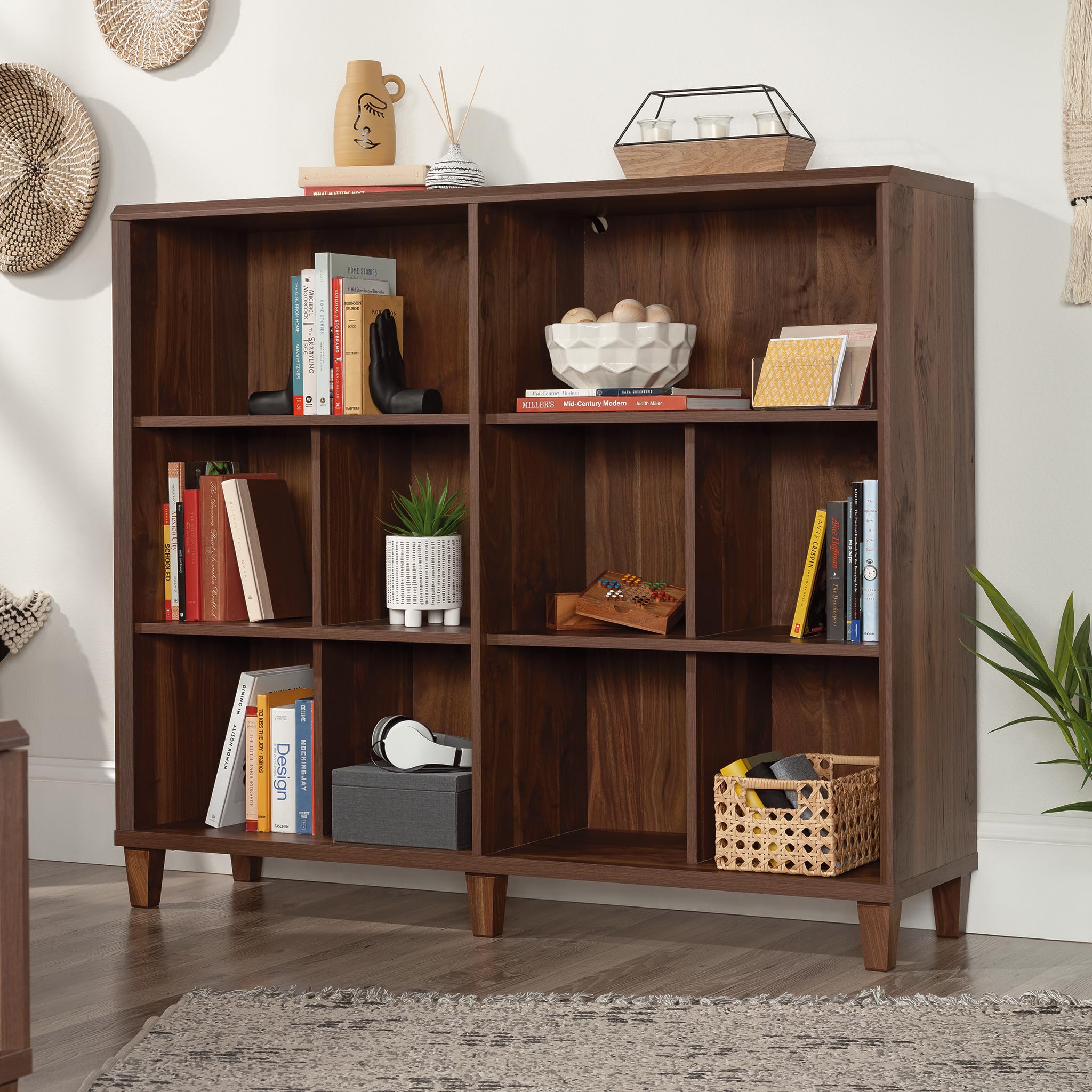 Sauder Willow Place Cubby Storage Organizer Book Shelf, Grand Walnut Finish