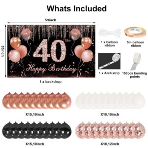 40th Birthday Banner Decorations with Confetti Balloon Arch Garland, Rose Gold and Black Happy 40 Birthday Backdrop Balloon Kit Party Supplies for Women, Forty Year Old Bday Background Sign Decor